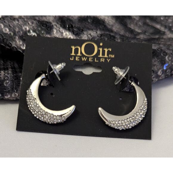 Silver Crescent Moon Earrings with Cubic Zirconia by nOir - Picture 3 of 7